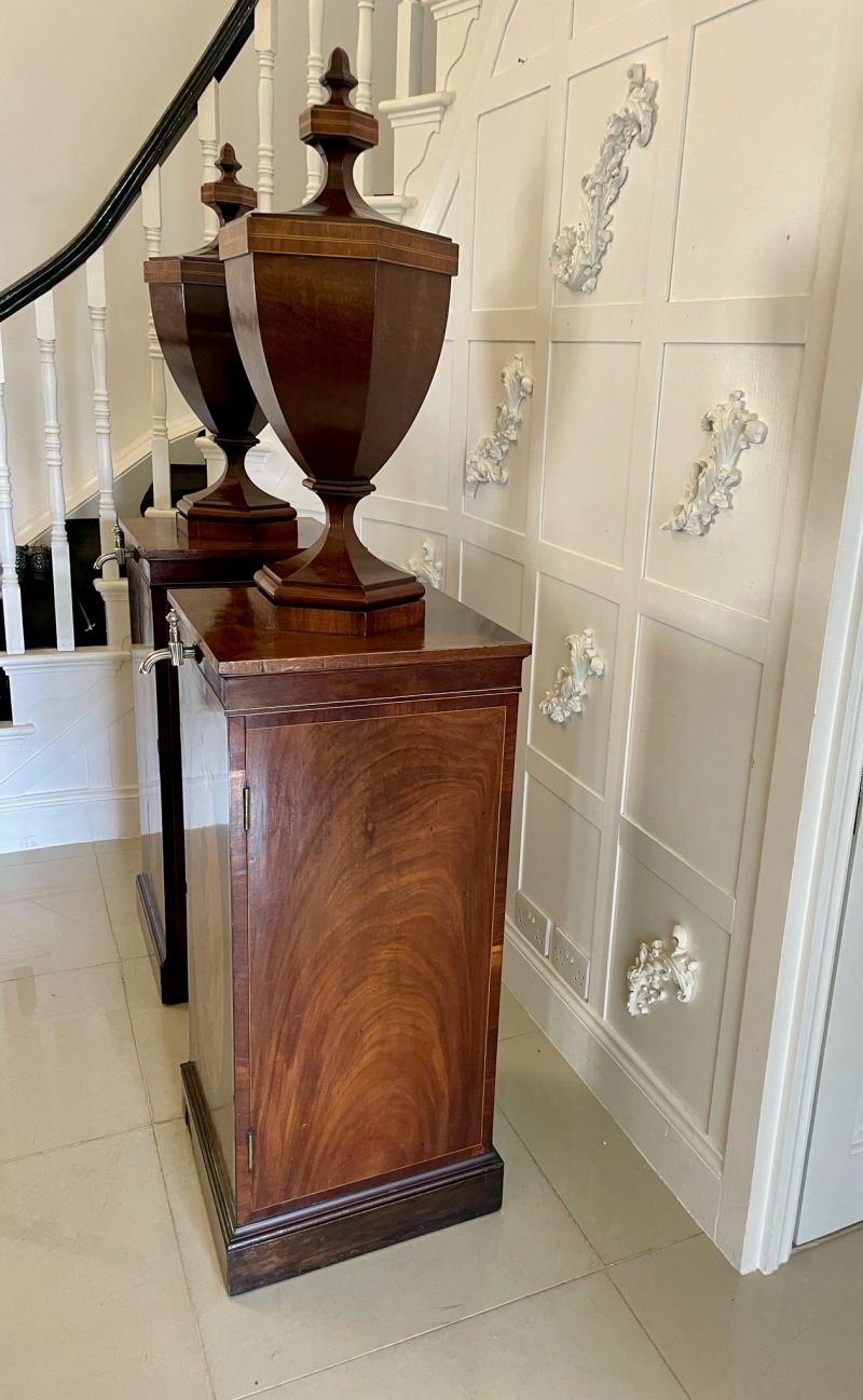 Rare Pair of Antique George III Outstanding Quality Mahogany Inlaid Wine Urns on Original Pedestal Cupboards - Image 9